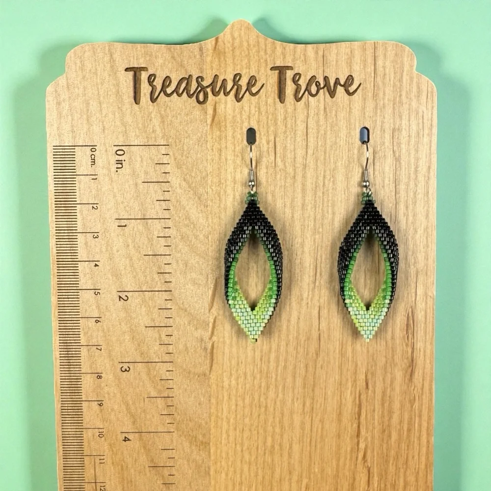 Green Black Folded Leaf Petal Seed Bead‎ Earrings Handmade Elegant Jewelry